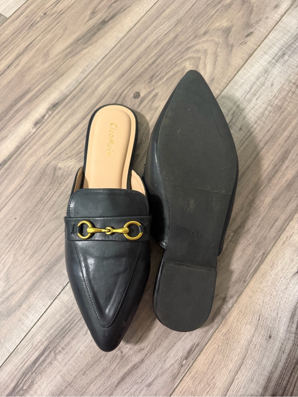 Black Pointed-Toe Slip-On Loafers with Gold Horsebit Accent